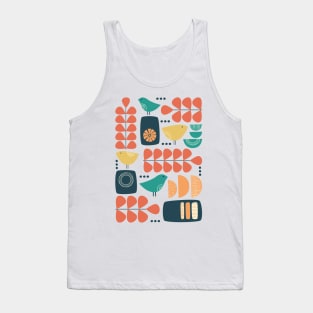 Retro Mid Century Modern Bird and Leaves in charcoal, teal, orange and yellow Tank Top